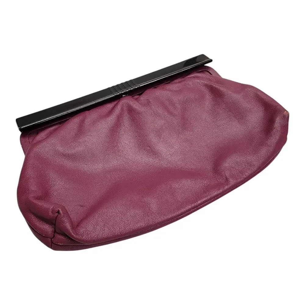 Vintage Lord & Taylor Plum Leather Clutch Bag Made in Italy Black Frame